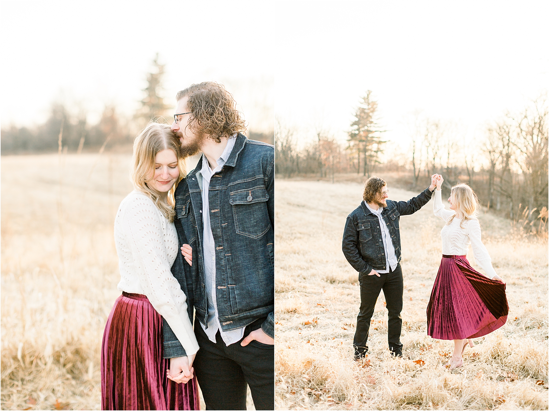 velvet skirt and jean jacket outfits for winter anniversary session