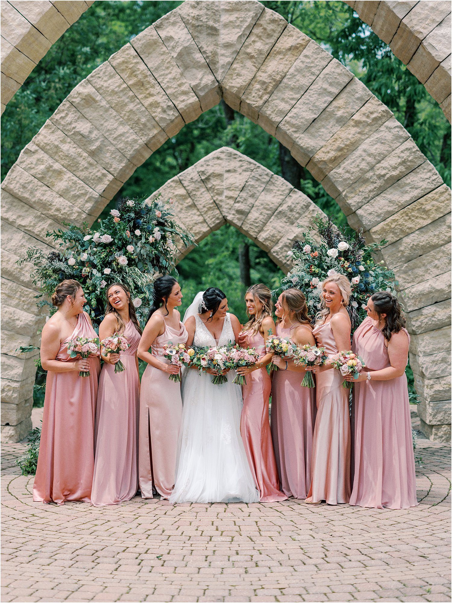 Pink mismatched bridesmaids dresses