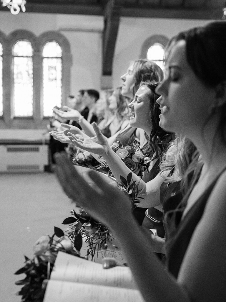 Bridesmaids worshipping at Country Cathedral Wedding